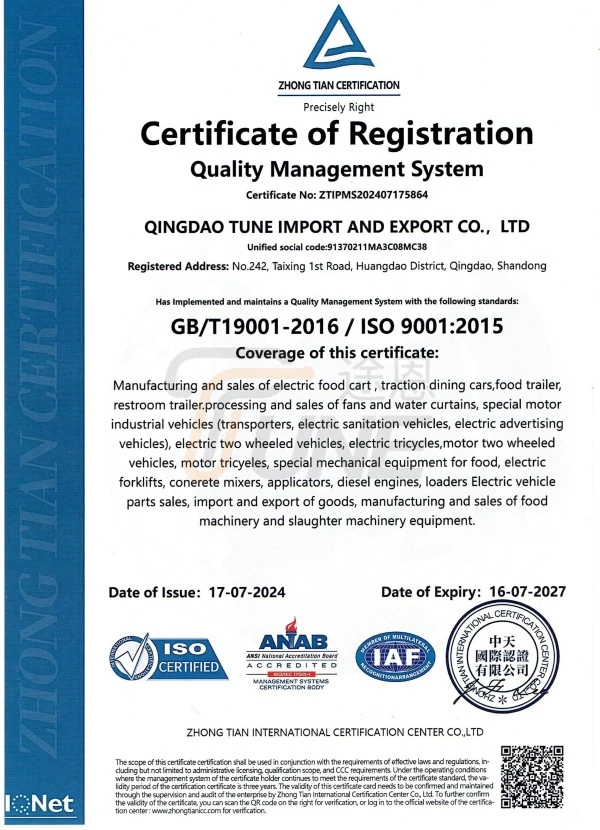 ISO 9001 certification for Piaggio APE Cart supplier